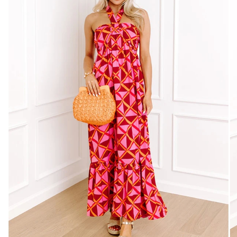 Geometric Pink and Orange ENTRO Halter Maxi Dress